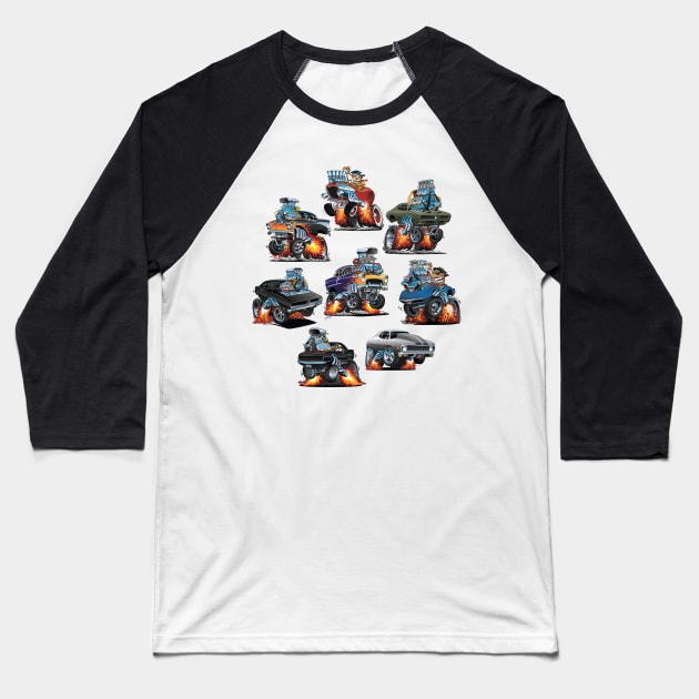 Car Madness! Muscle Cars and Hot Rods Cartoon Baseball T-Shirt by hobrath